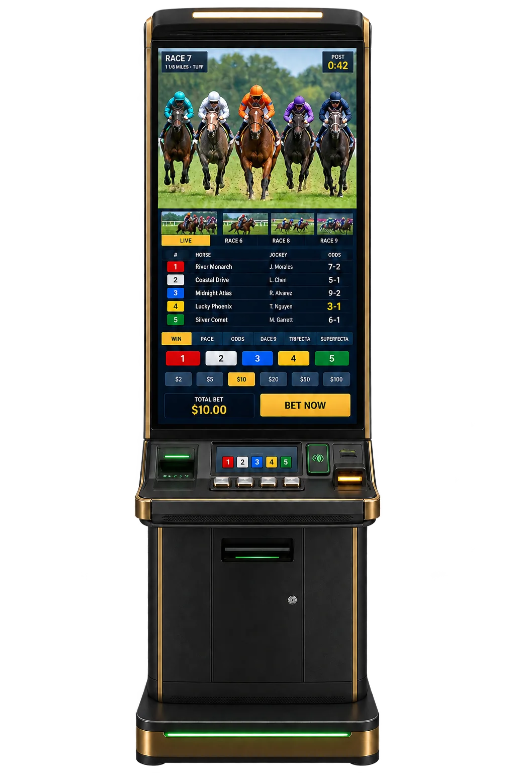 Front-facing Historical Horse Racing wagering cabinet