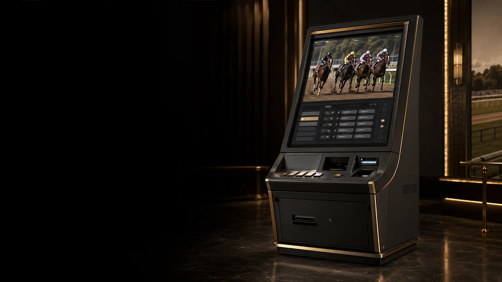 A modern Historical Horse Racing wagering cabinet with race playback screen