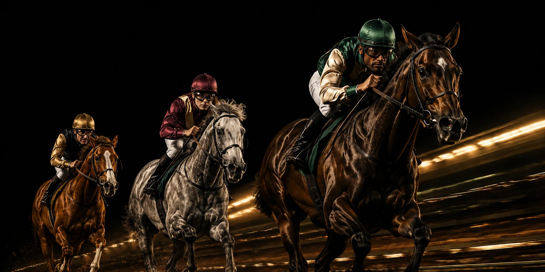 Chestnut, gray and bay racehorses with three distinct jockeys under golden lighting